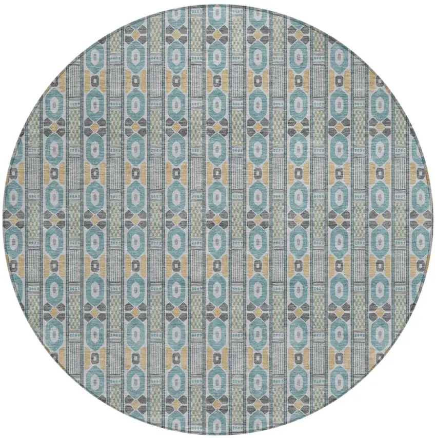 8' Teal Blue And Silver Round Striped Washable Indoor Outdoor Area Rug Photo 2