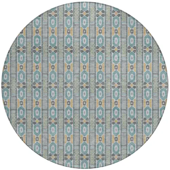 8' Teal Blue And Silver Round Striped Washable Indoor Outdoor Area Rug Photo 2