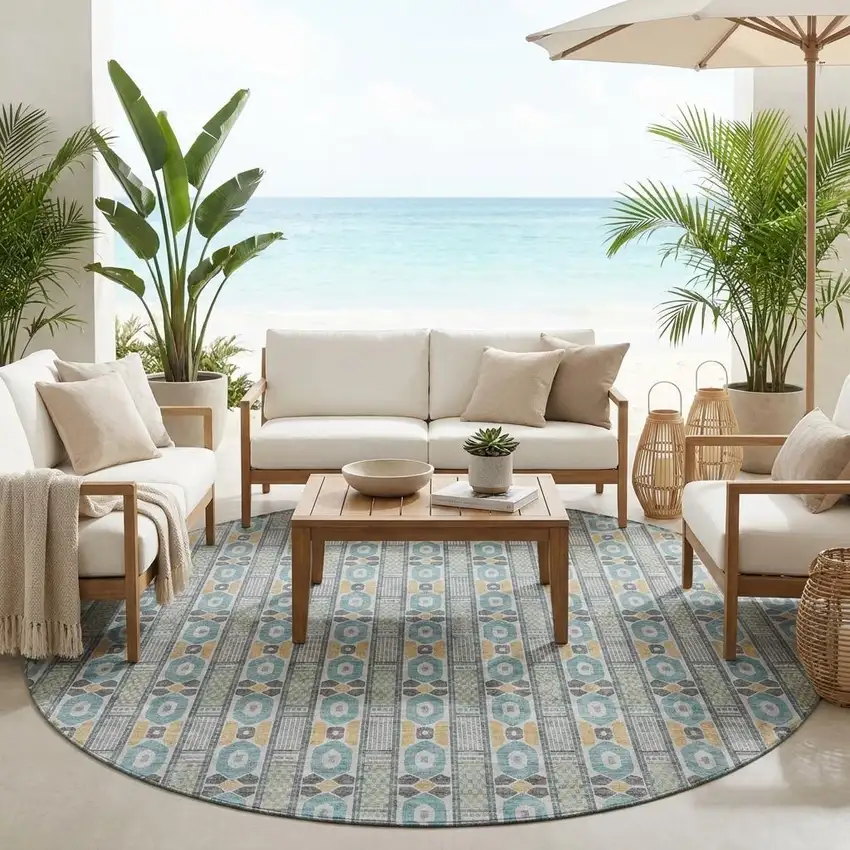 8' Teal Blue And Silver Round Striped Washable Indoor Outdoor Area Rug Photo 1