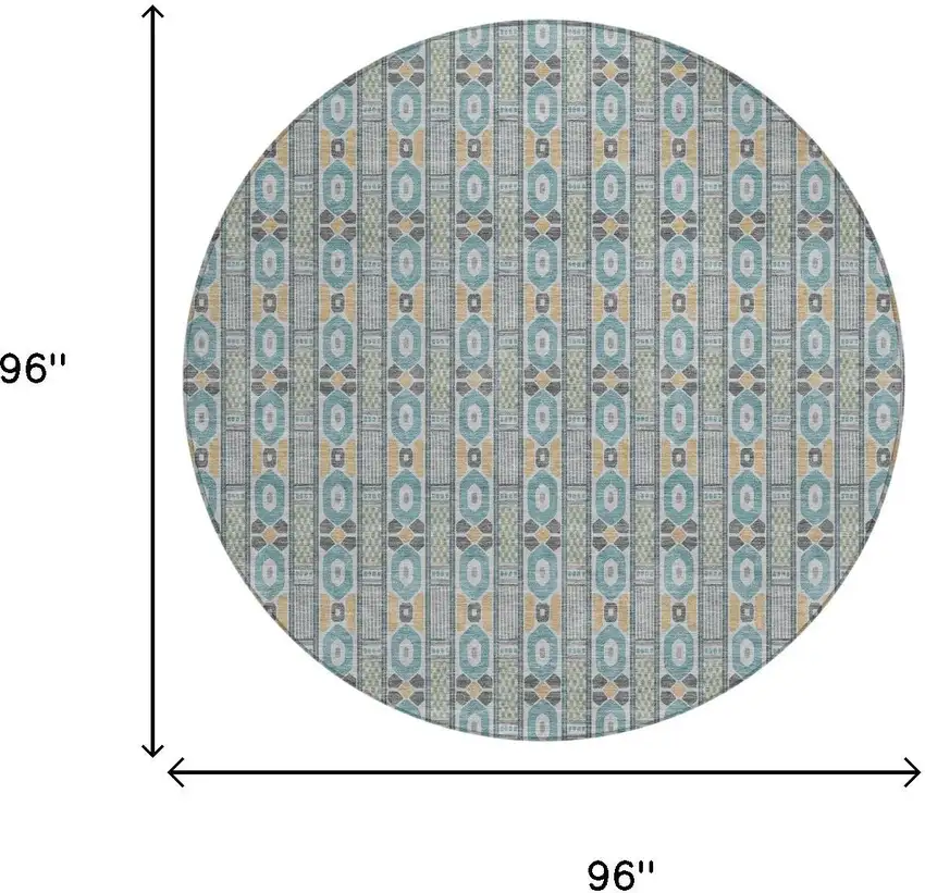 8' Teal Blue And Silver Round Striped Washable Indoor Outdoor Area Rug Photo 5