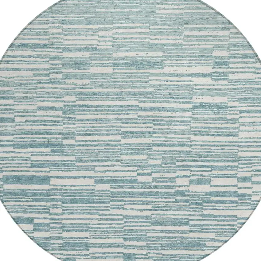 8' Teal Blue And Silver Round Striped Washable Indoor Outdoor Area Rug Photo 2