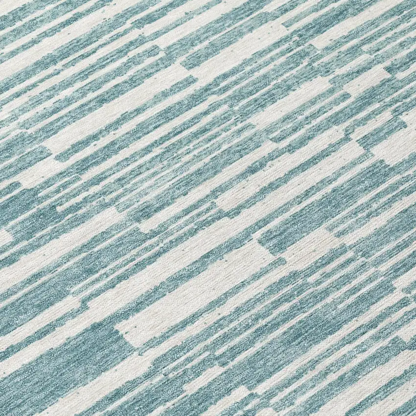 8' Teal Blue And Silver Round Striped Washable Indoor Outdoor Area Rug Photo 5