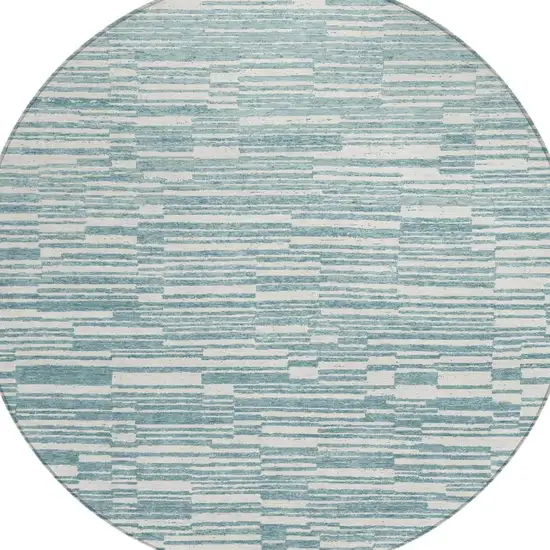 8' Teal Blue And Silver Round Striped Washable Indoor Outdoor Area Rug Photo 3
