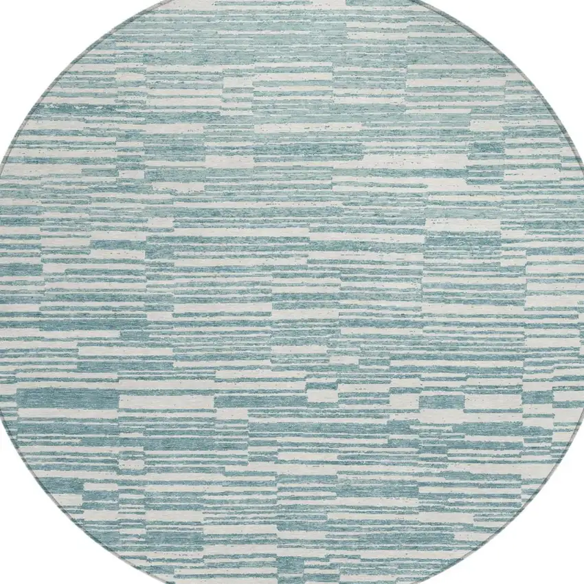 8' Teal Blue And Silver Round Striped Washable Indoor Outdoor Area Rug Photo 3