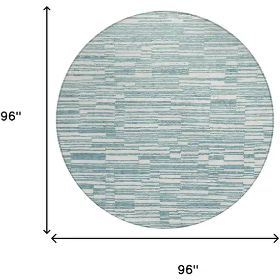 8' Teal Blue And Silver Round Striped Washable Indoor Outdoor Area Rug Photo 6