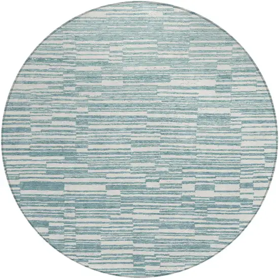 8' Teal Blue And Silver Round Striped Washable Indoor Outdoor Area Rug Photo 1