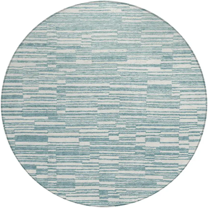 8' Teal Blue And Silver Round Striped Washable Indoor Outdoor Area Rug Photo 1
