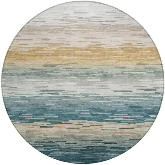 8' Teal Blue And Silver Round Striped Washable Indoor Outdoor Area Rug Photo 2