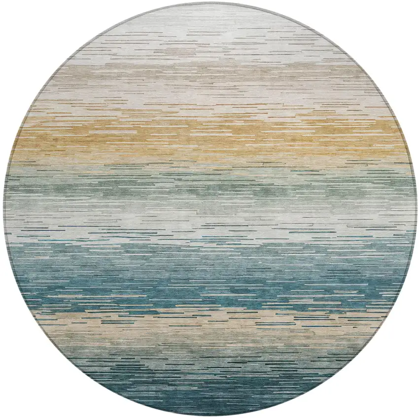 8' Teal Blue And Silver Round Striped Washable Indoor Outdoor Area Rug Photo 2