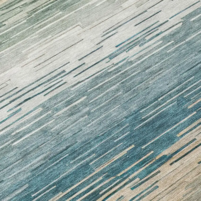8' Teal Blue And Silver Round Striped Washable Indoor Outdoor Area Rug Photo 5