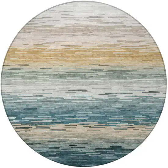 8' Teal Blue And Silver Round Striped Washable Indoor Outdoor Area Rug Photo 3