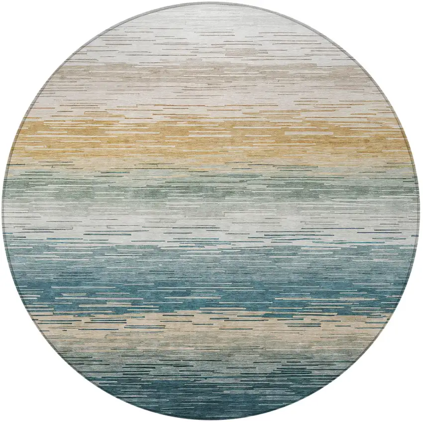 8' Teal Blue And Silver Round Striped Washable Indoor Outdoor Area Rug Photo 3