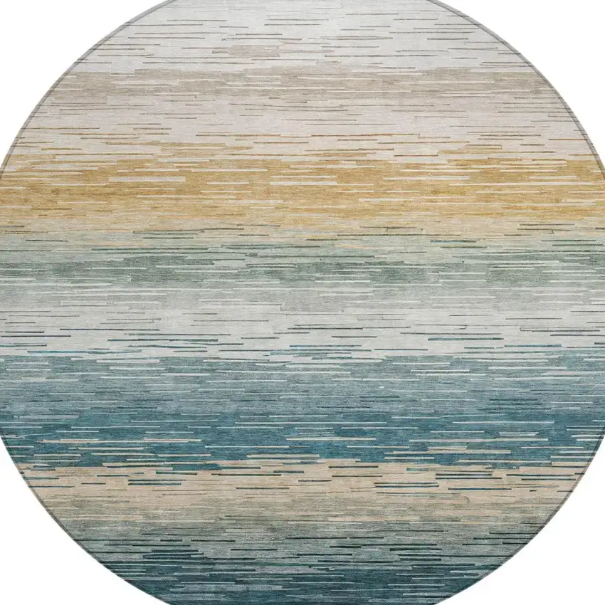 8' Teal Blue And Silver Round Striped Washable Indoor Outdoor Area Rug Photo 1
