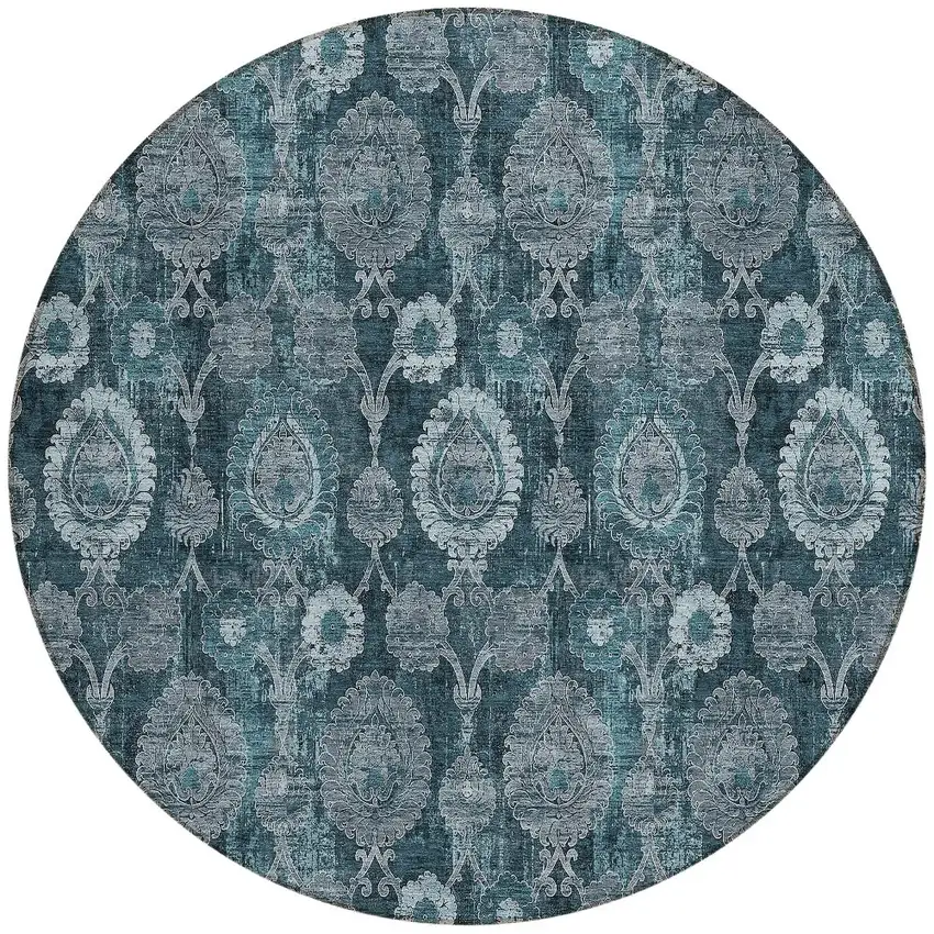 8' Teal Blue And Sky Blue Round Damask Washable Indoor Outdoor Area Rug Photo 5