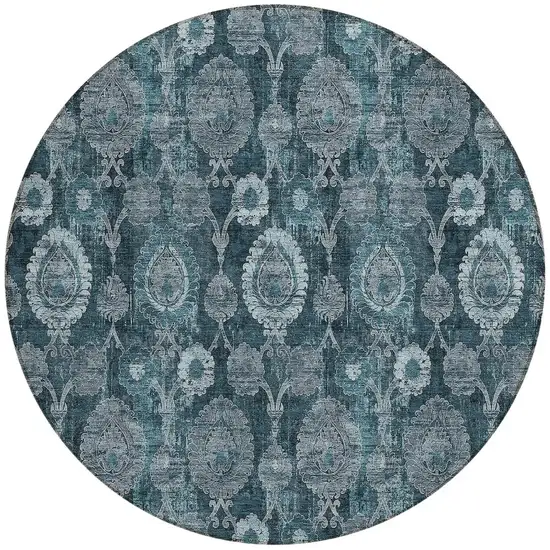 8' Teal Blue And Sky Blue Round Damask Washable Indoor Outdoor Area Rug Photo 5