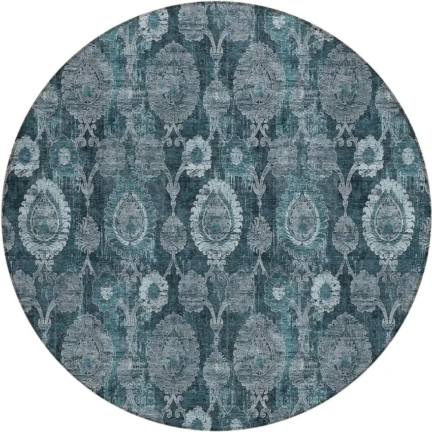 8' Teal Blue And Sky Blue Round Damask Washable Indoor Outdoor Area Rug Photo 2