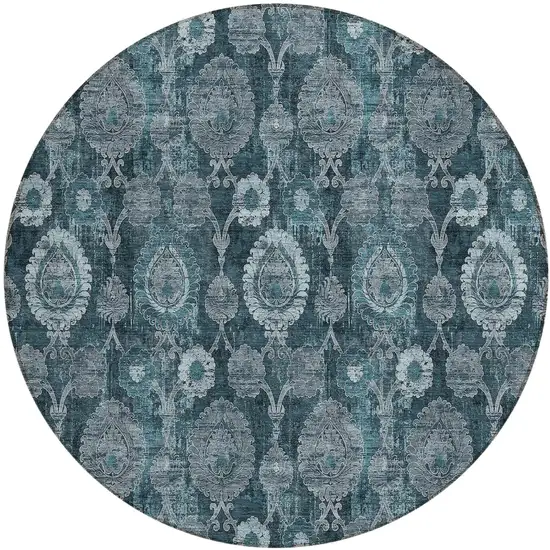 8' Teal Blue And Sky Blue Round Damask Washable Indoor Outdoor Area Rug Photo 2