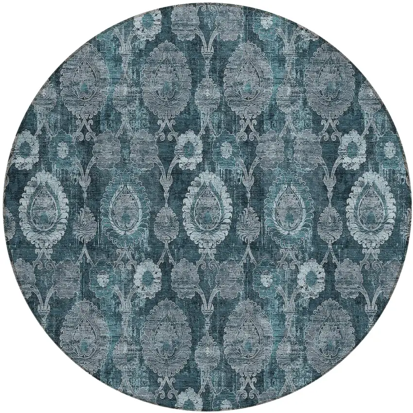 8' Teal Blue And Sky Blue Round Damask Washable Indoor Outdoor Area Rug Photo 2