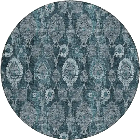 8' Teal Blue And Sky Blue Round Damask Washable Indoor Outdoor Area Rug Photo 2