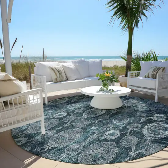 8' Teal Blue And Sky Blue Round Damask Washable Indoor Outdoor Area Rug Photo 6