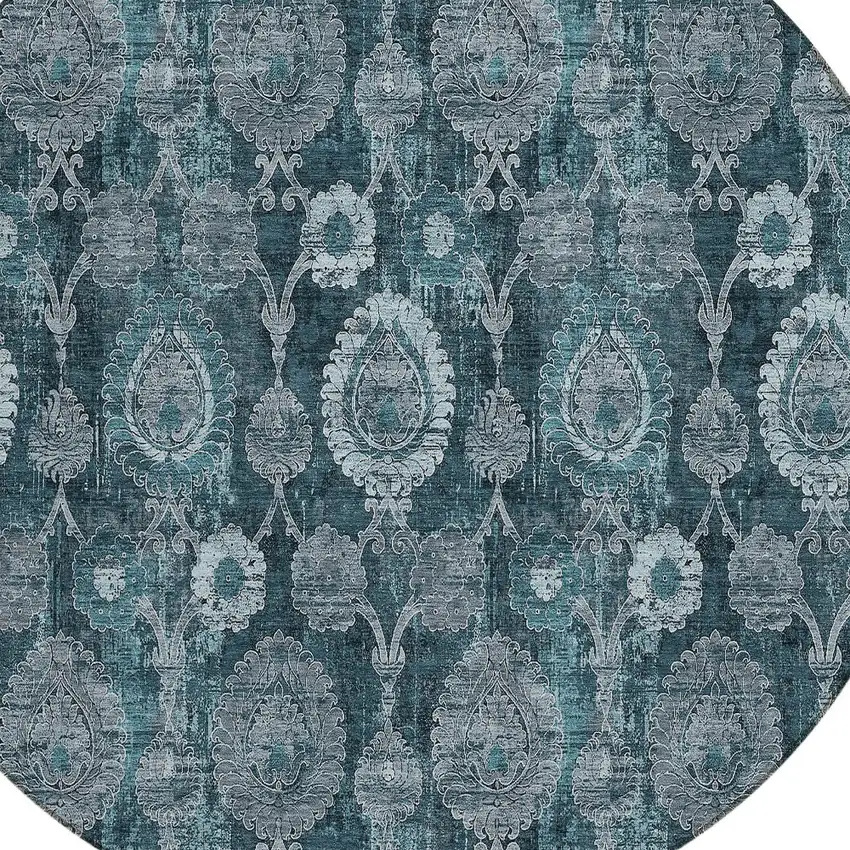 8' Teal Blue And Sky Blue Round Damask Washable Indoor Outdoor Area Rug Photo 4