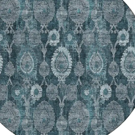 8' Teal Blue And Sky Blue Round Damask Washable Indoor Outdoor Area Rug Photo 4
