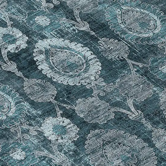 8' Teal Blue And Sky Blue Round Damask Washable Indoor Outdoor Area Rug Photo 8