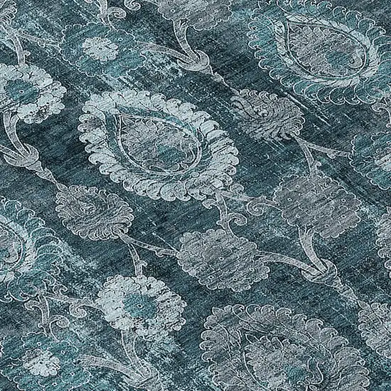 8' Teal Blue And Sky Blue Round Damask Washable Indoor Outdoor Area Rug Photo 8