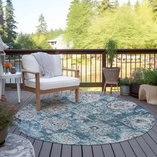 8' Teal Blue And Sky Blue Round Floral Washable Indoor Outdoor Area Rug Photo 6