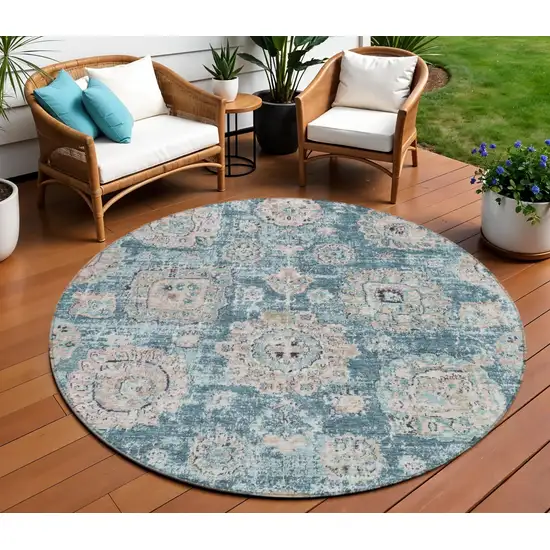 8' Teal Blue And Sky Blue Round Floral Washable Indoor Outdoor Area Rug Photo 1