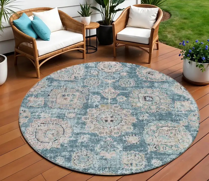 8' Teal Blue And Sky Blue Round Floral Washable Indoor Outdoor Area Rug Photo 1