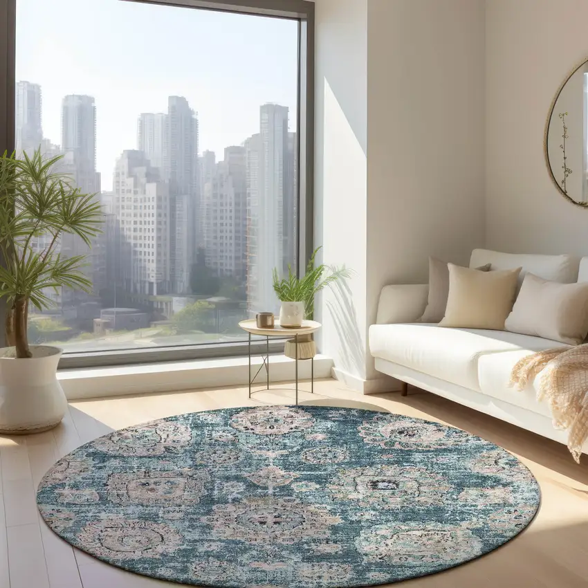 8' Teal Blue And Sky Blue Round Floral Washable Indoor Outdoor Area Rug Photo 7
