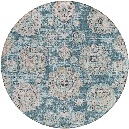 8' Teal Blue And Sky Blue Round Floral Washable Indoor Outdoor Area Rug Photo 1