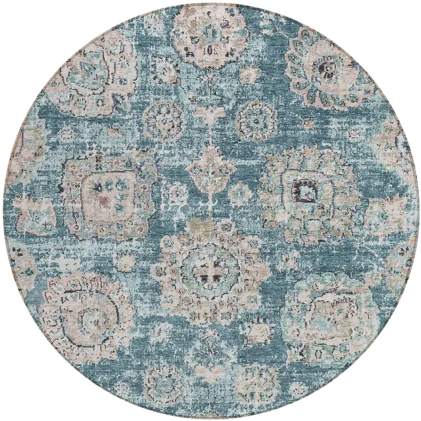 8' Teal Blue And Sky Blue Round Floral Washable Indoor Outdoor Area Rug Photo 1