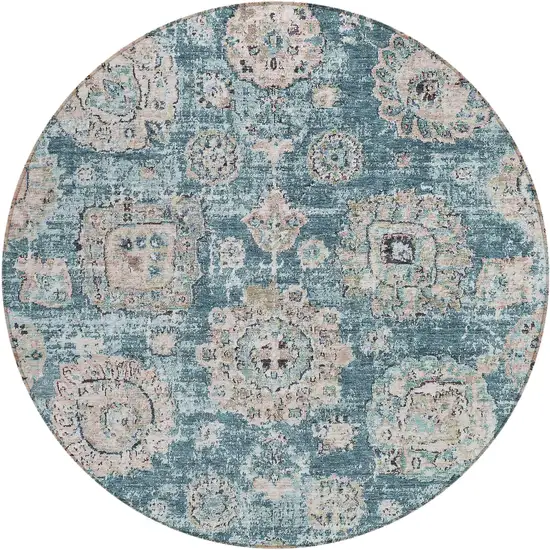 8' Teal Blue And Sky Blue Round Floral Washable Indoor Outdoor Area Rug Photo 1
