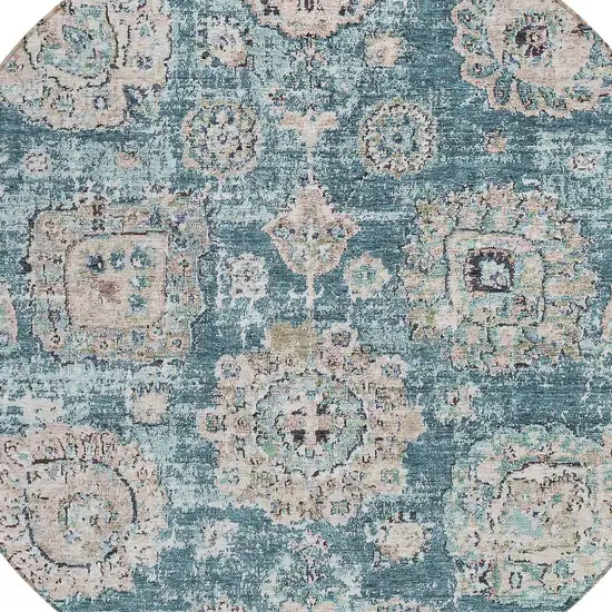 8' Teal Blue And Sky Blue Round Floral Washable Indoor Outdoor Area Rug Photo 4
