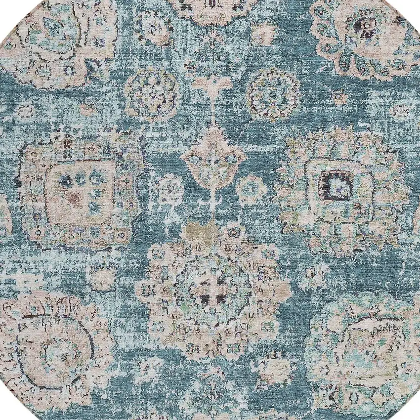 8' Teal Blue And Sky Blue Round Floral Washable Indoor Outdoor Area Rug Photo 4