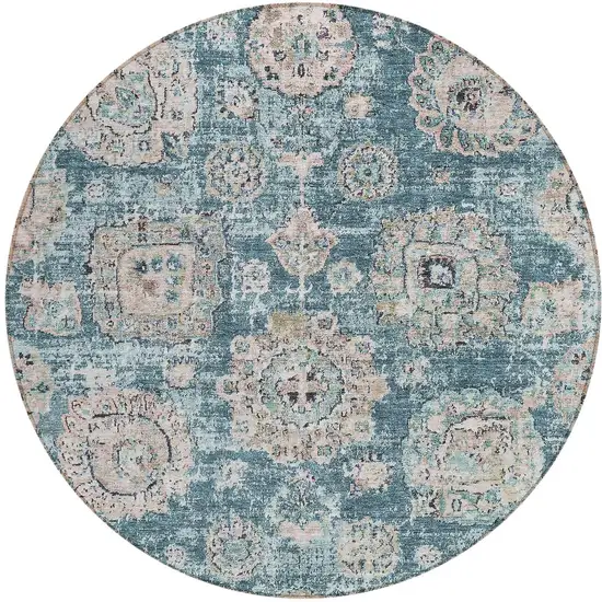 8' Teal Blue And Sky Blue Round Floral Washable Indoor Outdoor Area Rug Photo 5