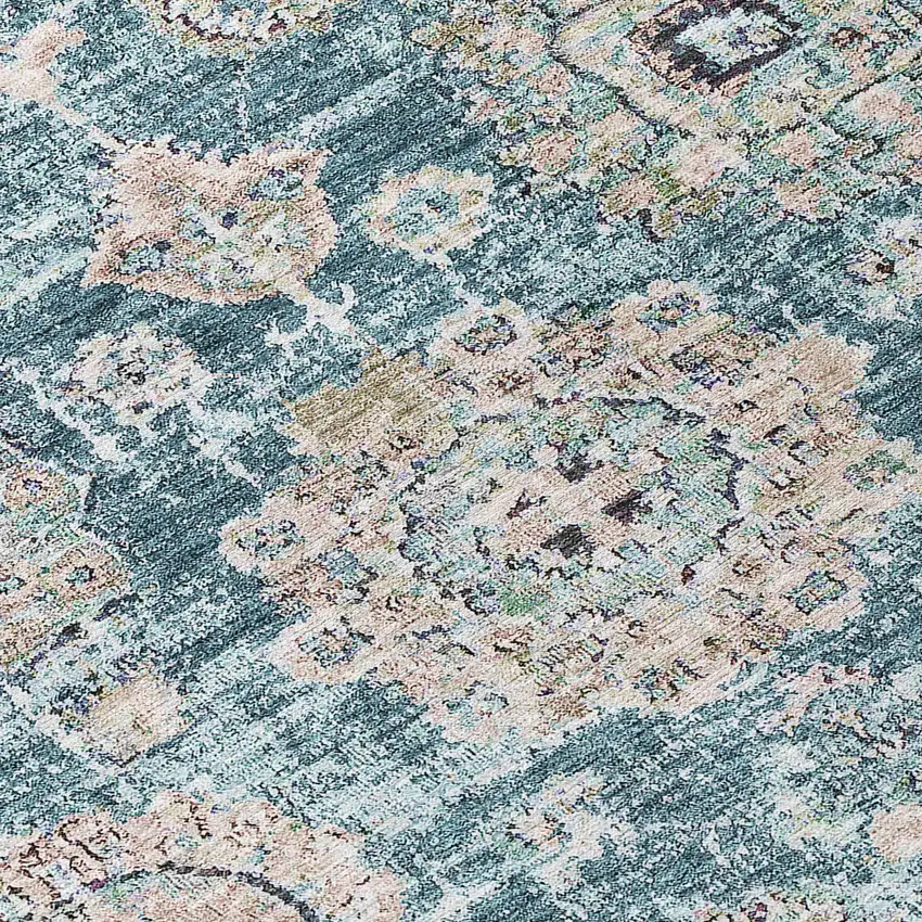 8' Teal Blue And Sky Blue Round Floral Washable Indoor Outdoor Area Rug Photo 9