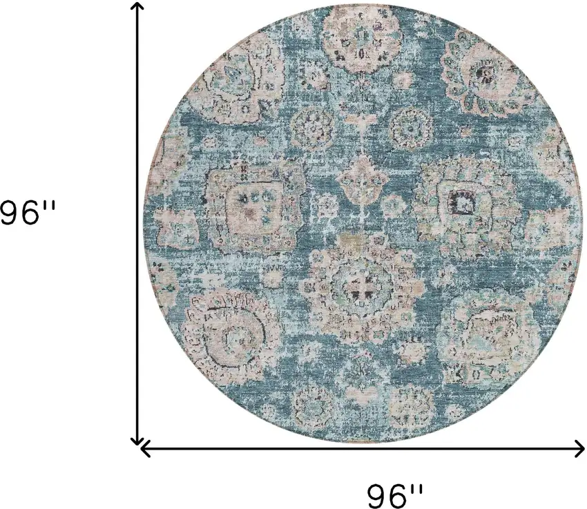 8' Teal Blue And Sky Blue Round Floral Washable Indoor Outdoor Area Rug Photo 8