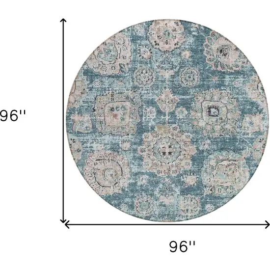 8' Teal Blue And Sky Blue Round Floral Washable Indoor Outdoor Area Rug Photo 8