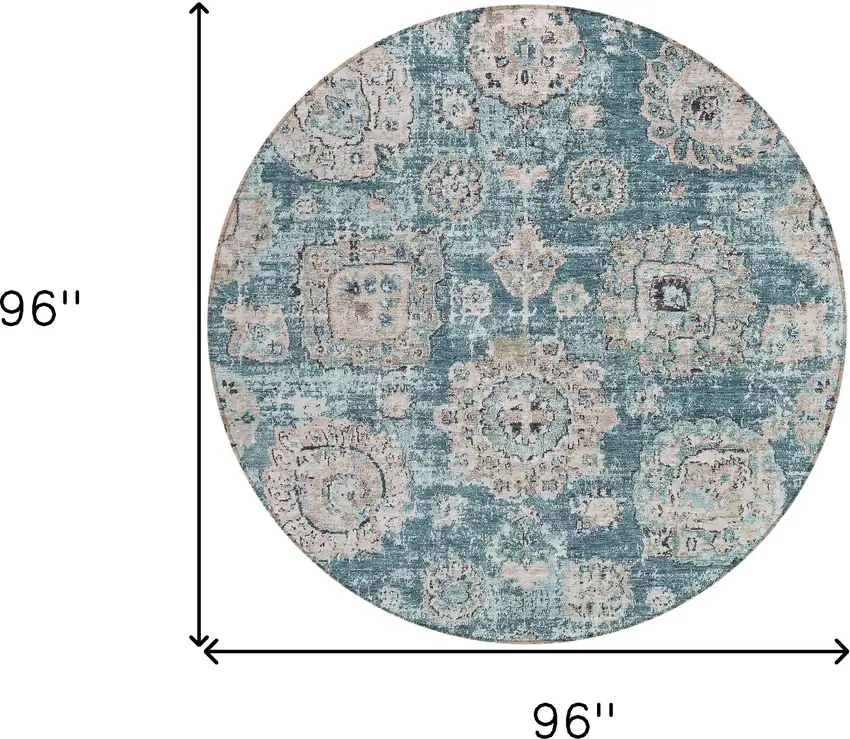 8' Teal Blue And Sky Blue Round Floral Washable Indoor Outdoor Area Rug Photo 8