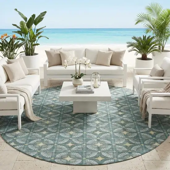 8' Teal Blue And Sky Blue Round Geometric Washable Indoor Outdoor Area Rug Photo 1
