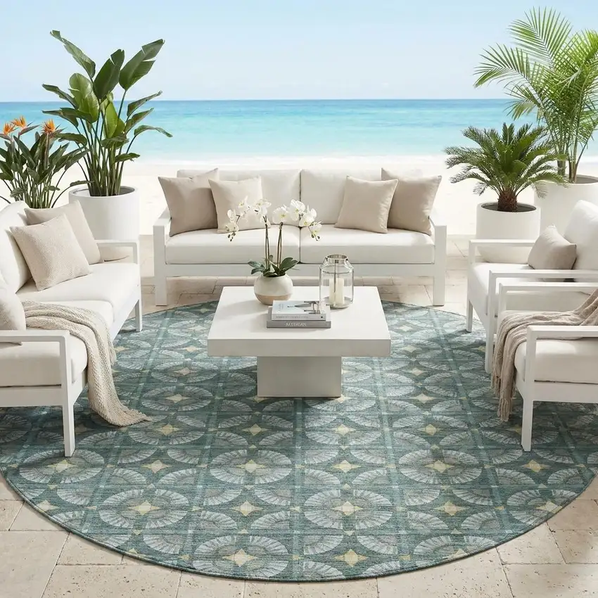 8' Teal Blue And Sky Blue Round Geometric Washable Indoor Outdoor Area Rug Photo 1