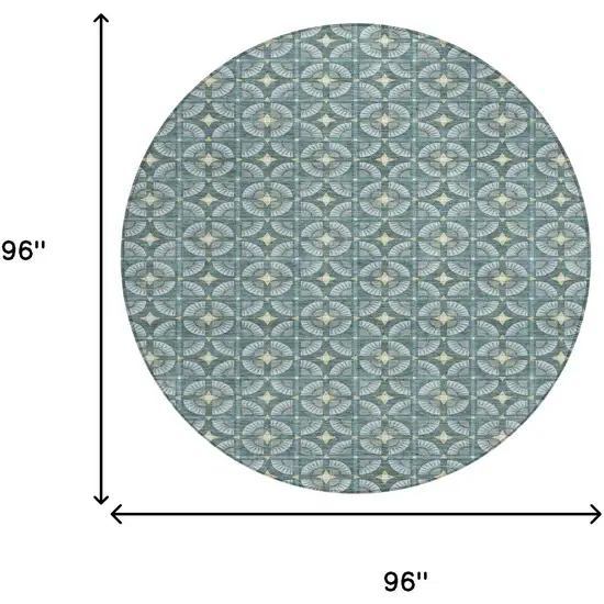 8' Teal Blue And Sky Blue Round Geometric Washable Indoor Outdoor Area Rug Photo 7