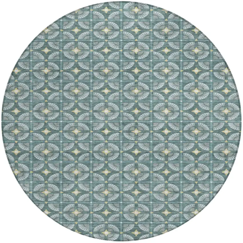 8' Teal Blue And Sky Blue Round Geometric Washable Indoor Outdoor Area Rug Photo 2