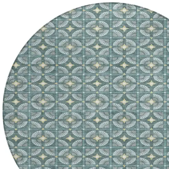 8' Teal Blue And Sky Blue Round Geometric Washable Indoor Outdoor Area Rug Photo 3