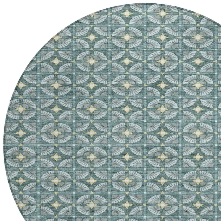 8' Teal Blue And Sky Blue Round Geometric Washable Indoor Outdoor Area Rug Photo 3