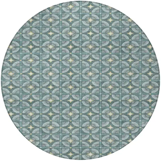 8' Teal Blue And Sky Blue Round Geometric Washable Indoor Outdoor Area Rug Photo 4