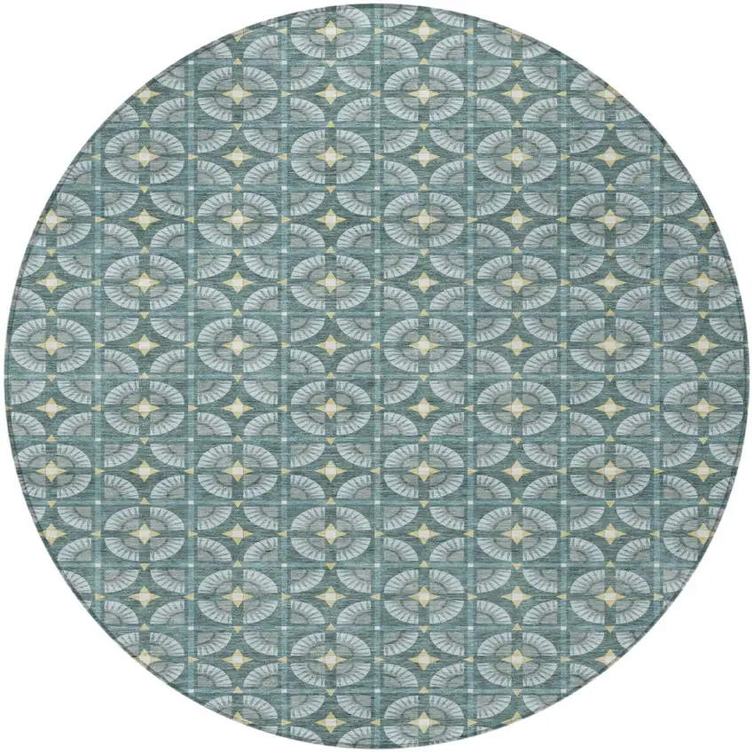 8' Teal Blue And Sky Blue Round Geometric Washable Indoor Outdoor Area Rug Photo 4